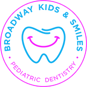 The image features a logo with the text  Broadway Kids   Smiles  and below it, there is an illustration of a smiling tooth.