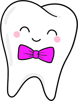 The image shows a cartoon tooth with a pink bow tie and a big smile, appearing happy.