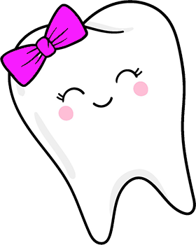 The image features a cartoon tooth with a pink bow, smiling and looking towards the viewer.